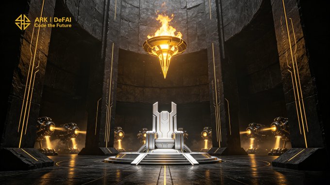A futuristic throne room features a glowing crystalline throne beneath a flaming chandelier, flanked by armored sentinels and gold-accented obsidian pillars, embodying ARK and Arkie AI's vision of empowering builders with intelligent agents to command the next era. The text "ARK | DeFAI - Code the Future" appears in the upper left, reinforcing the theme of sovereign control over AI-driven progress.