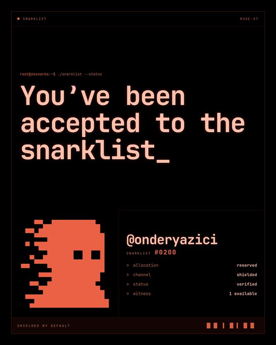 A terminal-style graphic with the text 'You've been accepted to the snarklist_' for user @onderyazici (Snarklist #0200), featuring a red pixel-art ghost avatar.