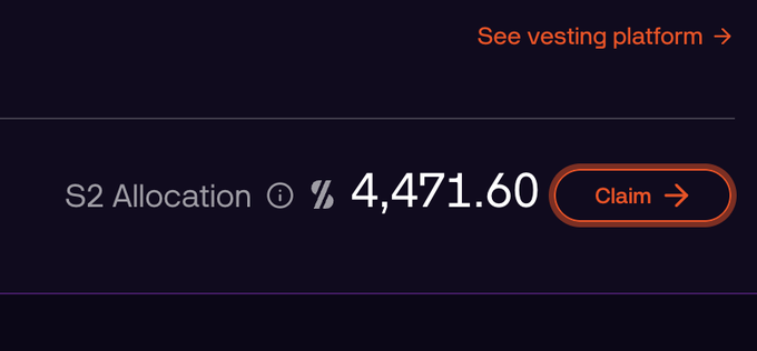 A dark screen shows an 'S2 Allocation' of '4,471.60' alongside a 'Claim' button and a 'See vesting platform' link.