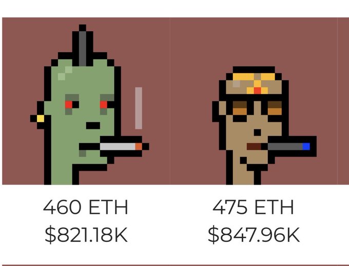 The image shows two CryptoPunks side-by-side—a green Zombie punk priced at 460 ETH ($821.18K) and a gold-crowned Brown/Dark punk priced at 475 ETH ($847.96K)—referenced in the post to highlight that the Zombie punk is being listed for $63K more than a previous 757k bid on punksOTC.