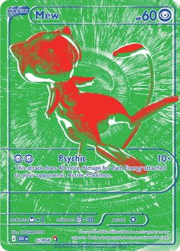 A Pokémon trading card featuring Mew in an inverted green and red color scheme, marked as 'Special Art Rare' with 60 HP and a 'Psychic' type move called 'See Through'.