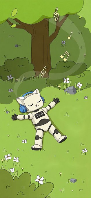 A digital illustration of a cute, robotic white cat with blue headphones relaxing in a grassy field with flowers and a tree, with musical notes floating in the air.