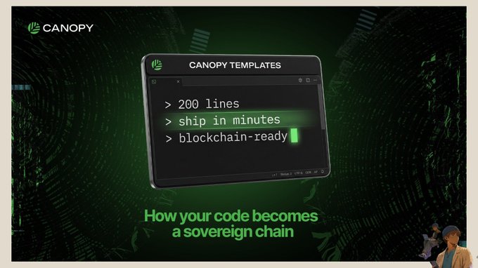 A promotional image for 'Canopy' showing a terminal window with text '> 200 lines', '> ship in minutes', '> blockchain-ready' and the tagline 'How your code becomes a sovereign chain'.