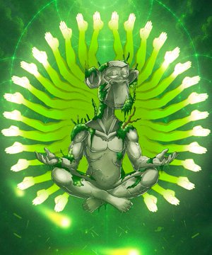 A digital artwork features a gray humanoid figure in a meditation pose, surrounded by a radiant halo of green and yellow hand-like shapes against a dark green background.