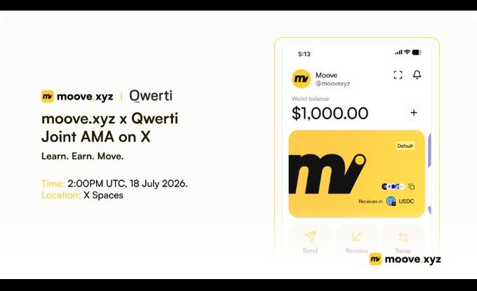 A promotional graphic for the "moove.xyz x Qwerti Joint AMA on X," scheduled for 2:00PM UTC on 18 July 2026 at X Spaces, featuring a screenshot of the Moove app showing a $1,000.00 wallet balance and USDC receiving capabilities, tying into the post's discussion of AI-driven financial experiences and smarter Web3 payments.