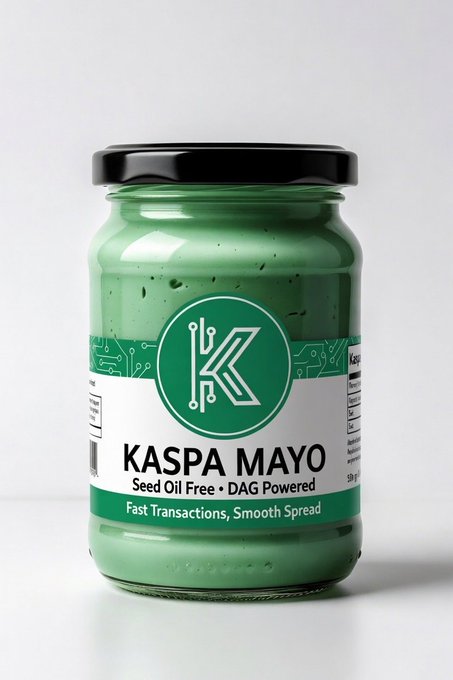 A jar of green "Kaspa Mayo" featuring the Kaspa "K" logo is labeled "Seed Oil Free • DAG Powered" with the tagline "Fast Transactions, Smooth Spread," playfully framing Kaspa ($KAS) as a condiment ready to be slathered across the crypto top ten once it climbs another 10x.