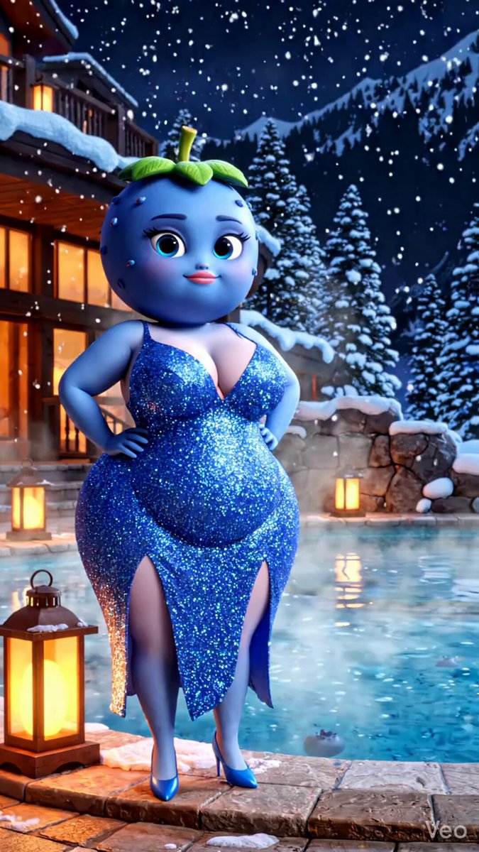 The image features a blue cartoon character dressed in a sparkly dress standing next to a pool at night, with snow falling around them. The character appears to be posing for a photo or drawing. The background of the image includes a house and trees, creating an atmosphere that complements the overall scene.