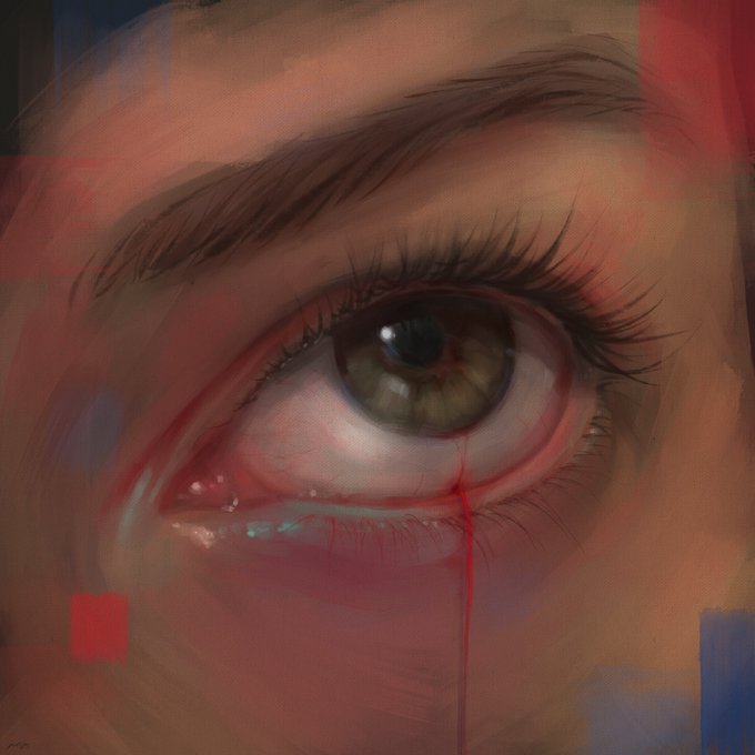 A close-up digital painting of a human eye with a green iris, featuring a single red tear streaming down the cheek, rendered with textured brushstrokes.
