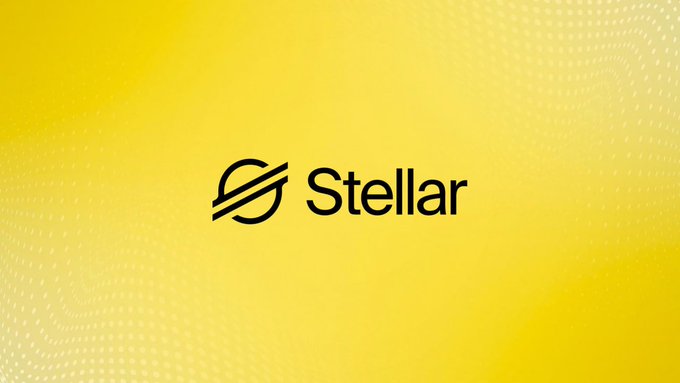 The 'Stellar' cryptocurrency logo is displayed in black text against a bright yellow gradient background.