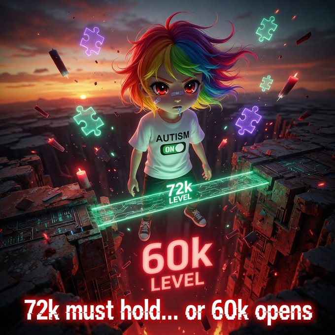 The image features a cartoon girl with rainbow hair, wearing a white t-shirt that says "Autism" on it. She is holding a green sword over her head as she stands atop a cliff overlooking a cityscape below. The background of the image shows buildings and neon lights, creating an urban atmosphere. In the foreground, there are two pieces of text: one stating "72k must hold... or 60k opens", and another saying "Good morning step cuzins $BTC is fighting at 72k right now. Hold this level = we bounce Lose it = door to 60k swings wide open No copium. Pure make or break. You holding steel or already packing for lower? Drop your vibe x.com/i/status/20598". The girl appears to be in a state of distress, as if she is about to fall off the cliff.