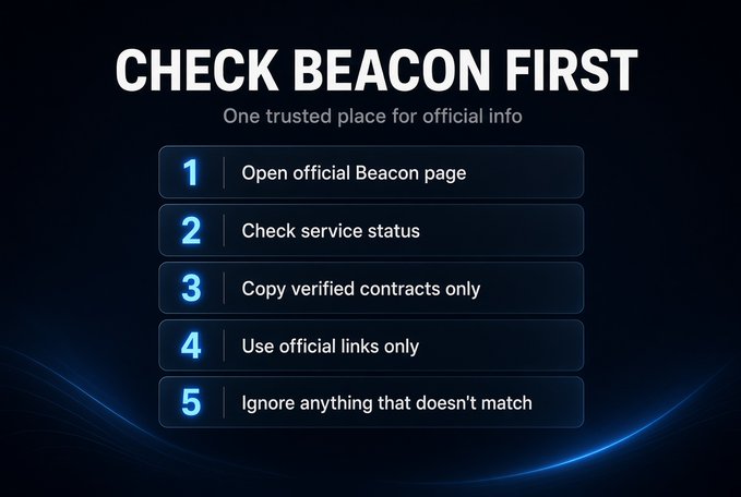 An informational graphic titled 'CHECK BEACON FIRST — One trusted place for official info' lists five steps: 1) Open official Beacon page, 2) Check service status, 3) Copy verified contracts only, 4) Use official links only, and 5) Ignore anything that doesn't match.