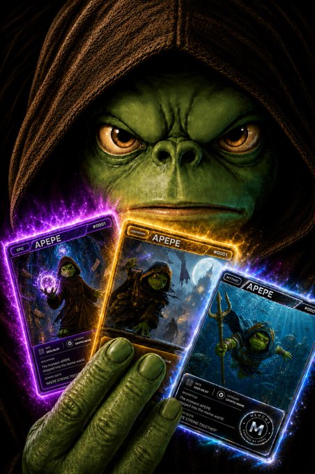 A green-skinned, hooded creature holds up three glowing "APEPE" trading cards (#0001, #0002, #0003), each labeled as "EPIC," "UNCOMMON," and "RARE" with an "M" logo, illustrating the Web3 meme NFT collection prompt "Pick a card. Any card. #APEPE #MEMONS #Web3."