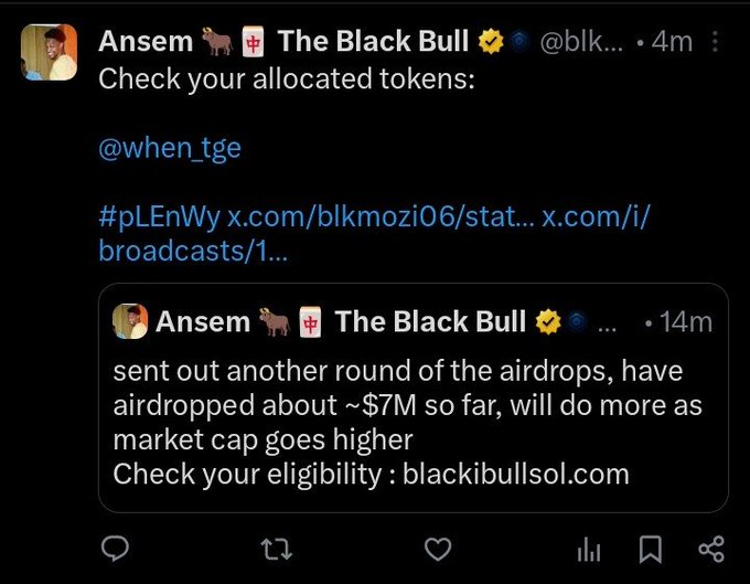 A screenshot of an X post by Ansem (@blk...) discussing a token airdrop, mentioning 'sent out another round of the airdrops, have airdropped about ~$7M so far' with a link to blackibullsol.com.