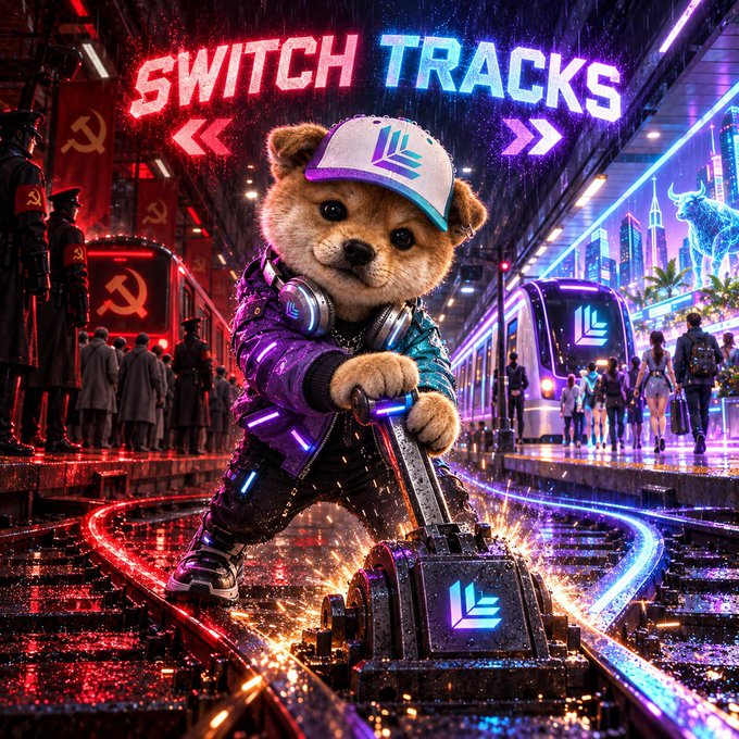 A stylized AI illustration of a cute bear character wearing a purple jacket and cap, operating a track-switching lever on train tracks with neon lighting, with 'SWITCH TRACKS' in neon text above and communist imagery visible in the background.