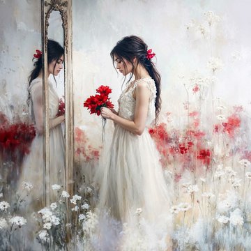 A painterly artwork of a girl in a white dress holding red flowers while looking into an ornate standing mirror, surrounded by white and red wildflowers in a dreamy impressionistic style.