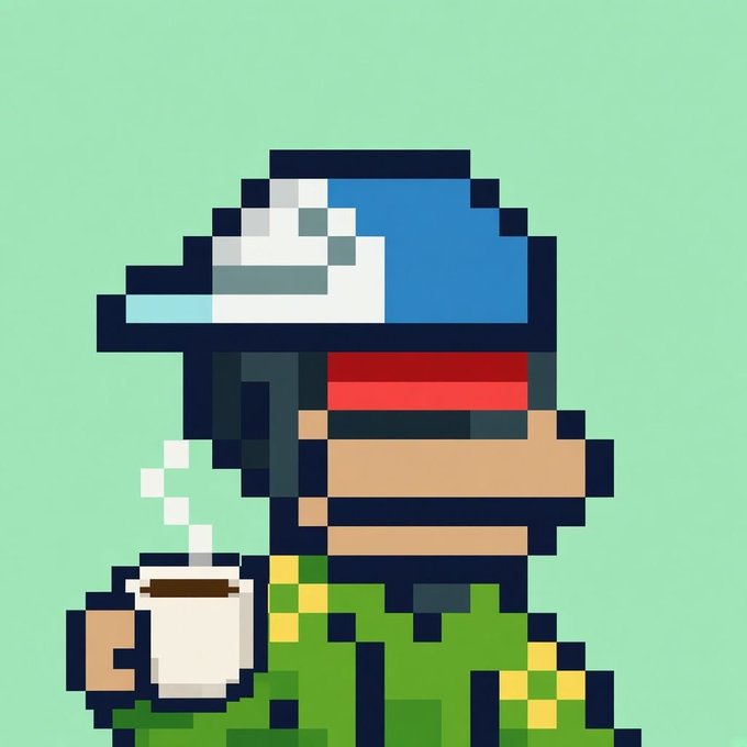 A pixel art illustration shows a bearded man wearing a blue and white cap and green shirt, holding a steaming mug of coffee against a mint green background.
