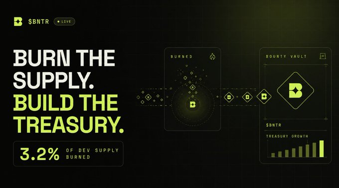 A promotional graphic for $BNTR declares "BURN THE SUPPLY. BUILD THE TREASURY." while displaying that 3.2% of the dev supply has been burned, with a live indicator and a "Bounty Vault" section showing treasury growth. The image visually reinforces the post's message about a buyback-and-burn flywheel mechanism designed to build a treasury vault that benefits long-term holders.
