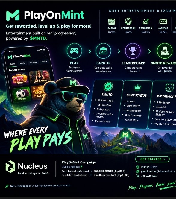 A promotional graphic for 'PlayOnMint' featuring a bear mascot in sunglasses, advertising 'Web3 Entertainment & iGaming' with sections for Casino, Sportsbook, Prediction, and Jackpot Games, promoting the '$MNTD' token and 'MintBear NFT', powered by Nucleus.