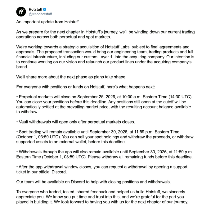 An official announcement from Hotstuff (@tradehotstuff) informs users about winding down trading operations, with perpetual markets closing September 25, 2026, and spot trading available until September 30, 2026.