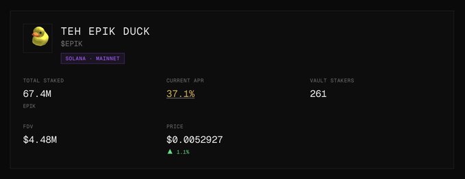 Cryptocurrency dashboard for 'TEH EPIK DUCK' ($EPIK) on Solana Mainnet, showing 67.4M total staked, 37.1% APR, 261 vault stakers, and a price of $0.0052927.
