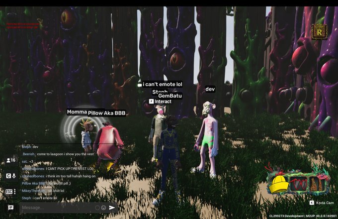 A screenshot from a video game shows several characters in a forest setting with chat text including 'Momma Pillow Aka BBB', 'i can't emote lol', and 'i CANT PICK UP THE VEST LOG'.
