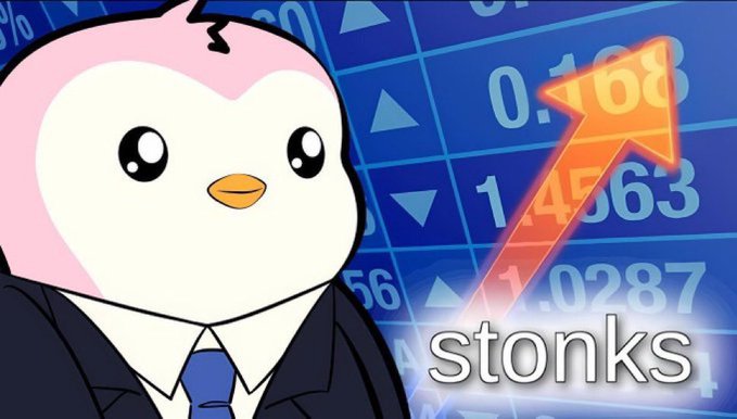 A meme featuring a cartoon penguin character in a suit with the word 'stonks' below, set against a background of stock market numbers and an upward-pointing orange arrow.