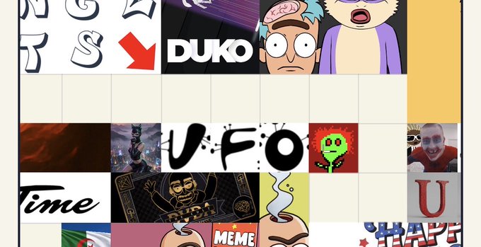 A collage of various internet meme thumbnails, featuring text like 'DUKO', 'V.F.O', 'MEME', and 'Time' alongside cartoon and video game characters.