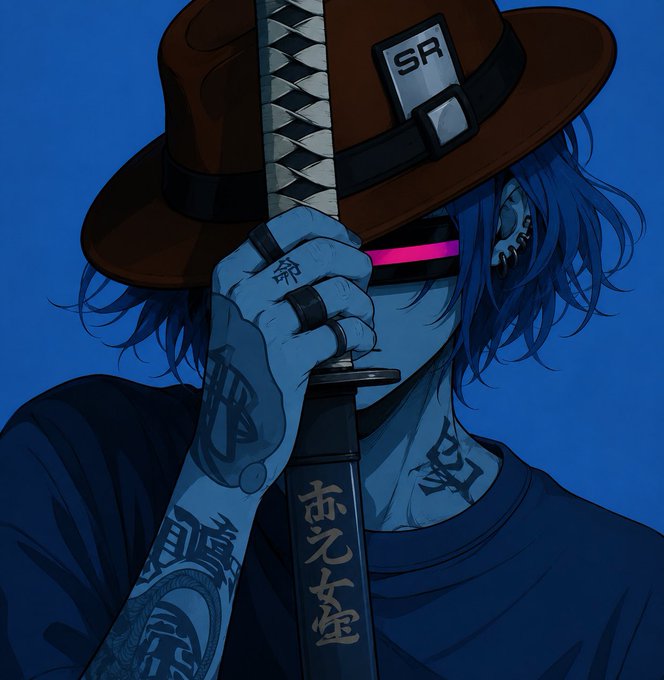 A blue-skinned character with tattoos and a hat marked "SR" holds a katana inscribed with "赤元女," partially obscuring their face behind a glowing pink visor against a blue background. The image conveys a stylish, warrior-like energy that pairs with the upbeat "Gm have a great day." greeting as a bold, confident start to the day.