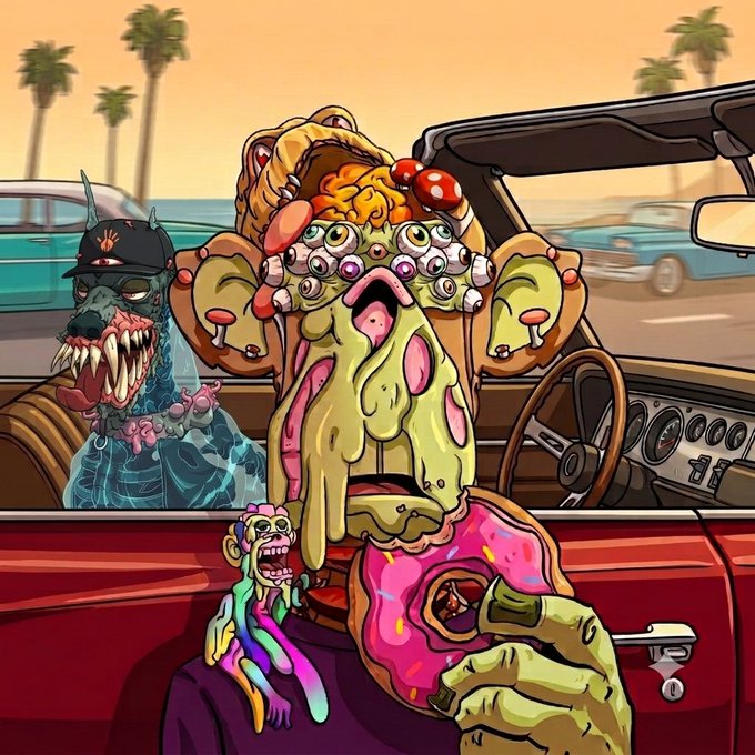 A surreal cartoon illustration of grotesque, melting zombie-like creatures sitting in a red convertible car, with a blue dog-like creature and a small colorful figure, against a sunset beach backdrop.
