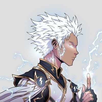 An anime-style illustration depicts a character with spiky white hair, dark skin, and glowing white eyes, channeling electricity through his body and finger.