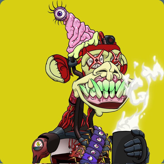 A grotesque, colorful cartoon monster with sharp teeth, exposed brain matter, and a tall, pink, brain-like structure topped with an eye, holding a smoking mug.