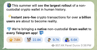 This Telegram message announces the largest rollout of a non-custodial crypto wallet, "Gram", for over a billion users with instant, zero-fee transactions. The post discusses Pavel Durov's work in building compatible systems and a non-custodial wallet accessible to billions on Telegram.