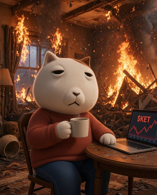 A white cat character wearing a red sweater sits at a wooden table holding a coffee mug, with a laptop showing a falling stock chart and "SKET" text, while flames and destruction rage in the background of a ruined room.