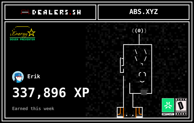 A dashboard displays the username 'Erik' with '337,896 XP' earned this week on 'DEALERS.SH' and 'ABS.XYZ', next to a pixelated character graphic and 'Energy DEGEN PREVENTER' badge.