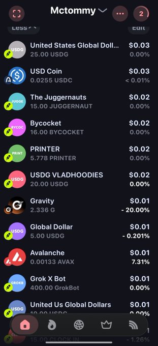 A cryptocurrency wallet screen showing various token holdings including USDG, USDC, JUGGERNAUT, BYCOCKET, PRINTER, USDG VLADHOODIES, G (Gravity), Global Dollar, AVAX, and Grok X Bot, with prices ranging from $0.01 to $0.03.