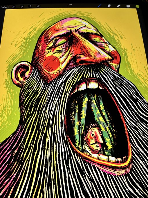 A vibrant digital painting of a bearded man with his mouth wide open, revealing a surreal scene inside his mouth featuring a curtain and a smaller face, rendered in bold yellow, red, and black colors.