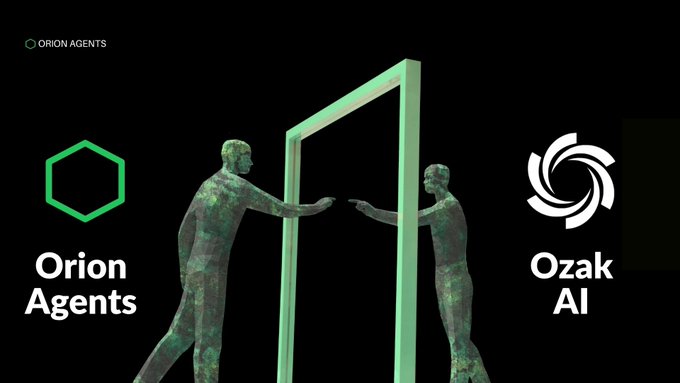 An Orion Agents promotional graphic showing two green pixelated figures reaching through a glowing portal frame, with the Orion Agents hexagon logo and Ozak AI logo on either side.