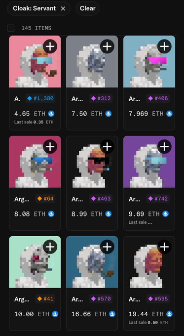 The image displays a Cloak: Servant NFT marketplace listing showing 145 items with various pixelated hooded figures priced in ETH, including Argo variants like #64 at 8.08 ETH and #41 at 10.00 ETH. This relates to the post by gMuse, who suggests saving 2.85 ETH by purchasing a cheaper Cloaked Argo servant than the higher-priced options shown, likely referring to the 10.00 ETH Argo #41 versus an alternative costing 7.15 ETH.