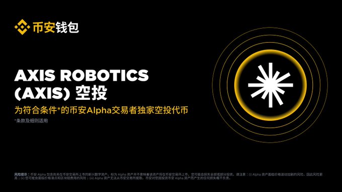 A black-and-yellow promotional graphic for “AXIS ROBOTICS (AXIS) 空投,” branded by 币安钱包 and describing an airdrop for eligible Binance Alpha traders. The accompanying post announces that Binance Alpha will list Axis Robotics (AXIS) on October 21, with eligible users able to claim airdrops using Binance Alpha Points after trading opens.
