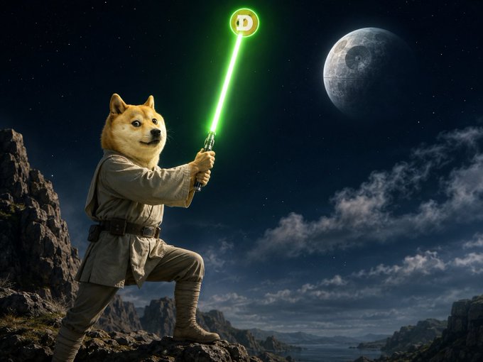 A Doge Shiba Inu dressed as a Jedi wields a green lightsaber aimed at a Death Star-like moon, playfully reimagining the Dogecoin mascot as a "Doge" warrior from a galaxy far, far away in this Star Wars-inspired scene.