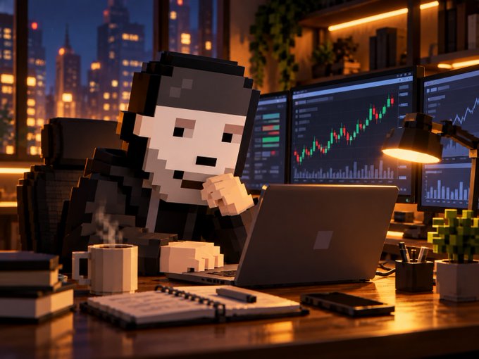 A 3D pixel-art character sits at a desk working on a laptop, with multiple monitors displaying financial trading charts in the background.