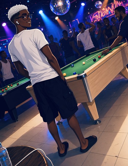 An anime-style illustration of a young man with white hair, glasses, and earbuds playing pool at a vibrant nightclub with disco balls and neon lights.