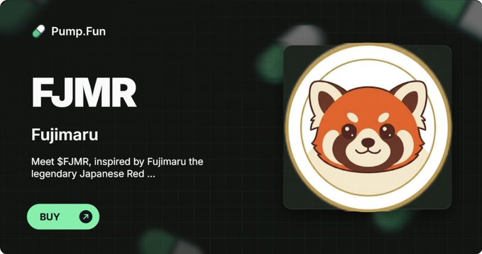 The image features a black background with a white circle containing an orange cartoon panda face, accompanied by text that reads "FJMR" and "FJMR #solana". The caption below the image states "The timeline is shifting. $FJMR is officially live. No fake promises, just pure Japanese Red Panda energy and a community taking over."