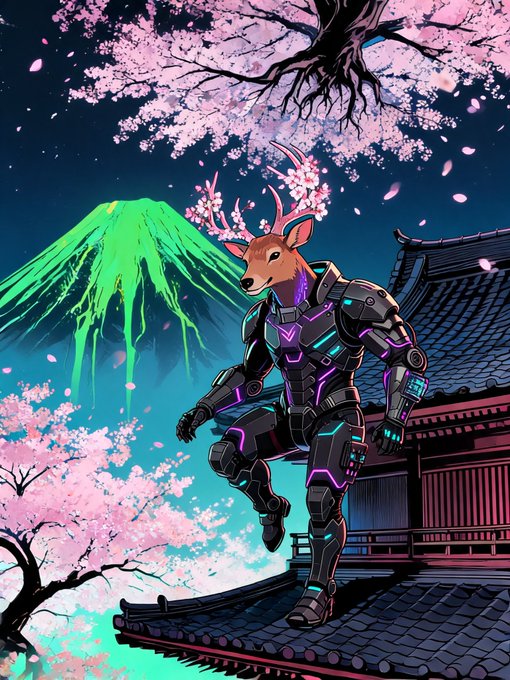 A vibrant digital artwork of a deer-headed humanoid figure wearing futuristic neon-lit armor, standing on a traditional Japanese rooftop against a backdrop of a glowing green Mount Fuji and pink cherry blossoms.