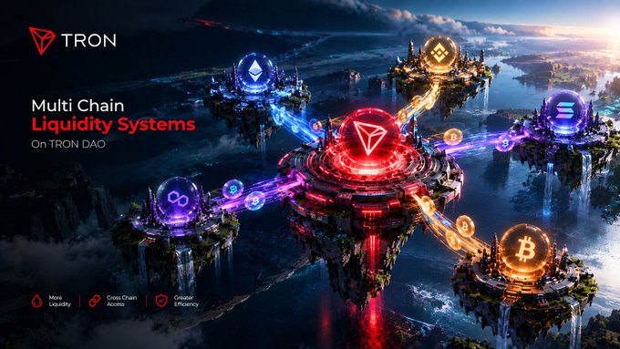 A promotional graphic for TRON features 'Multi Chain Liquidity Systems On TRON DAO' with floating islands connected by energy beams, displaying various cryptocurrency logos including Ethereum, Bitcoin, and Tron.