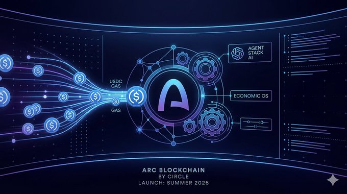 The image is a promotional graphic for "ARC BLOCKCHAIN BY CIRCLE" with a "LAUNCH: SUMMER 2026" tagline, featuring a futuristic blue design with a central "A" logo surrounded by interconnected nodes, gears, and flow streams depicting USDC and GAS tokens merging into an "AGENT STACK AI" and "ECONOMIC OS" system. It visually represents the post's key points—USDC as gas, subsecond finality, and a stablecoin-native infrastructure built for agentic commerce and real-world finance.