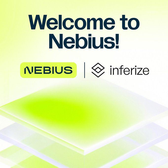 A welcome graphic for Nebius (ticker: NBIS) featuring both the Nebius and Inferize logos, tied to the company's announcement of its acquisition of AI startup Inferize, which specializes in reducing idle GPU capacity. The bright green and white design with stacked platform imagery visually represents the integration of Inferize's AI infrastructure optimization technology into Nebius's platform.