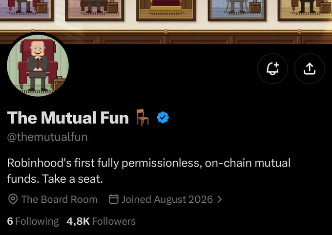 A Twitter/X profile page for @themutualfun ("The Mutual Fun" 🪑✓), described as "Robinhood's first fully permissionless, on-chain mutual funds. Take a seat," showing 4.8K followers and a join date of August 2026. The image illustrates the milestone referenced in the post, highlighting the account's rapid growth from 200 to nearly 5,000 followers and establishing its verified status as a mutual funds project led by @Kingpickle.
