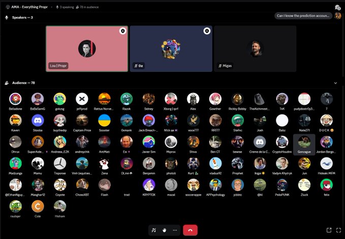 A Discord AMA call screenshot titled 'AMA - Everything Propie' featuring speakers 'Lou | Proppi', 'Oz', and 'Migies', with an audience of 78 participants and a user asking 'Can I know the prediction accoun...'.