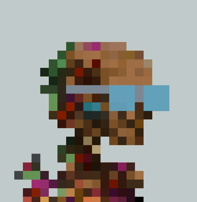 A highly pixelated, mosaic-style digital art portrait of a dark-skinned figure with a pink headband and a light blue visor, set against a pale blue background.